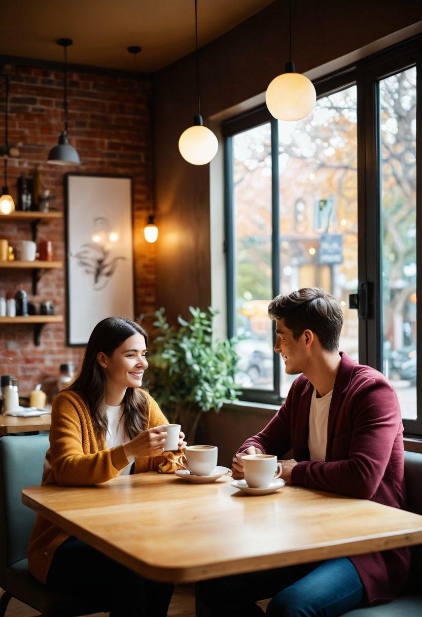 A warm, inviting scene featuring two people engaged in an intimate conversation over coffee in a cozy café, surrounded by soft natural light. Include elements symbolizing virtual connections, like smartphones or chat bubbles subtly in the background. The setting conveys a blend of modern technology and personal connection, highlighting the journey from digital to real-life intimacy. soft focus. vibrant colors. cozy atmosphere.