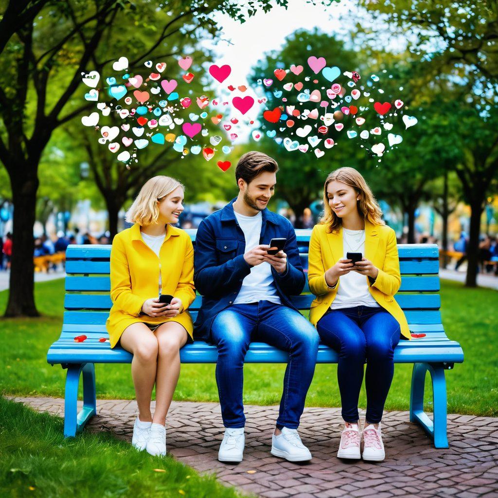A couple sitting on a park bench, each absorbed in their smartphones, surrounded by floating digital hearts and chat bubbles, symbolizing online dating. In the background, a diverse crowd of people engaging with technology, showcasing the theme of love in the digital age. Bright colors and a balanced mix of nature and technology to illustrate connection. vibrant colors. modern art.