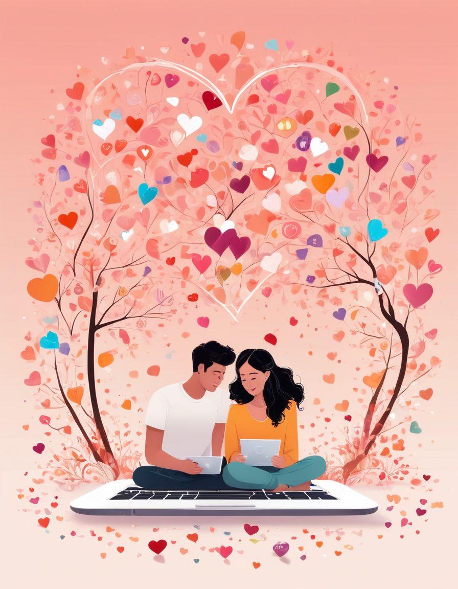 A whimsical and colorful illustration of a young couple happily connecting through various digital devices, surrounded by floating hearts and icons representing different dating sites. The background features a blend of warm pastel colors, symbolizing romance and connection. Incorporate diverse individuals to showcase inclusivity in dating. Include subtle hints of nature like flowers or trees to symbolize growth in relationships. cartoon style. vibrant colors. white background.